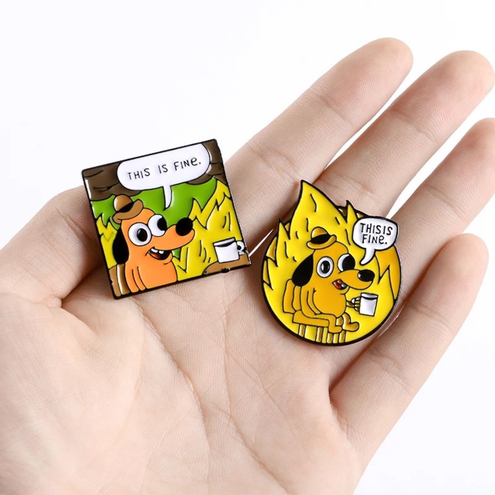 2 Pin Bundle Funny Large Enamel This is Fine Meme Dog Matching Pins BFF Gifts